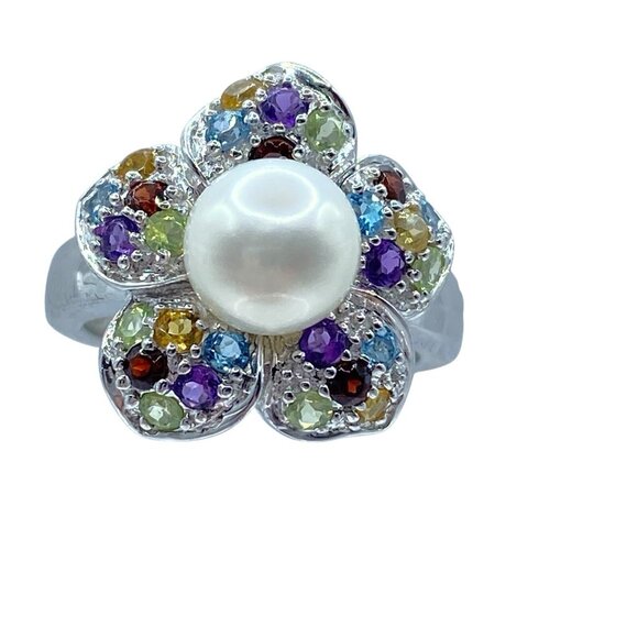 East Art Jewelry - East Art Sterling Silver 8mm Pearl Solitaire Multi-Gemstone Floral Ring Sz 5.75